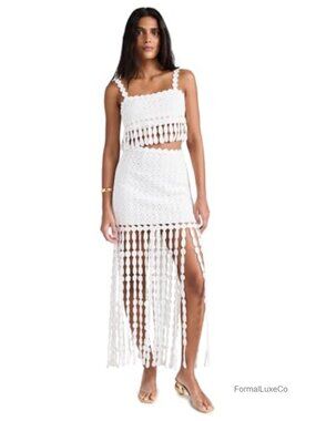 Crochet Fringe Midi Skirt Set Cropped Top 2-Piece